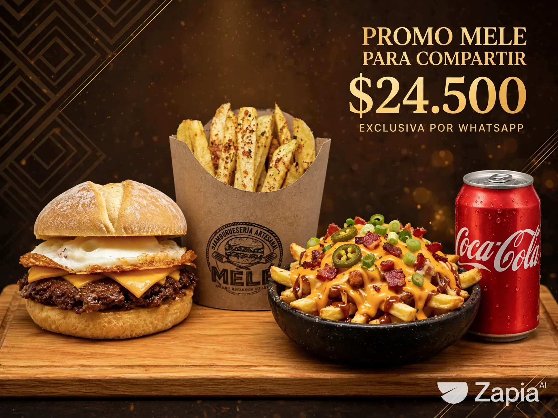 Promo Mele para compartir: hamburguesa, papas y Coca-Cola